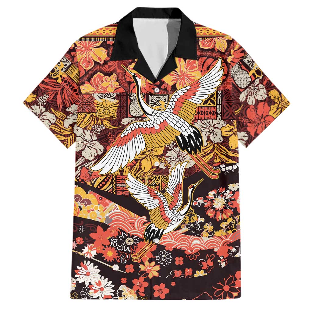 Japanese Hawaiian Crane Family Matching Off The Shoulder Long Sleeve Dress and Hawaiian Shirt Yellow Ochre Tapa Patchwork Pattern LT9 Dad's Shirt - Short Sleeve Yellow - Polynesian Pride