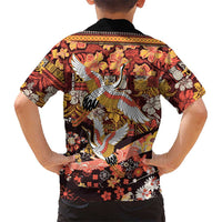 Japanese Hawaiian Crane Family Matching Off Shoulder Maxi Dress and Hawaiian Shirt Yellow Ochre Tapa Patchwork Pattern