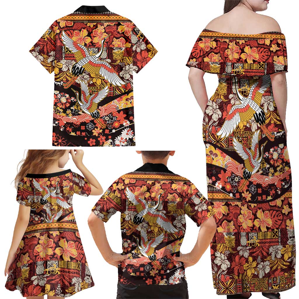 Japanese Hawaiian Crane Family Matching Off Shoulder Maxi Dress and Hawaiian Shirt Yellow Ochre Tapa Patchwork Pattern