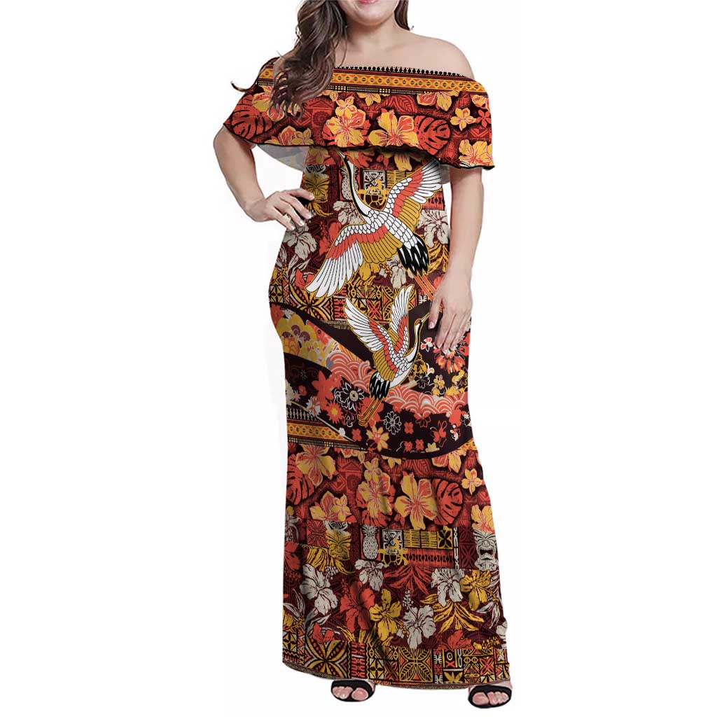 Japanese Hawaiian Crane Family Matching Off Shoulder Maxi Dress and Hawaiian Shirt Yellow Ochre Tapa Patchwork Pattern