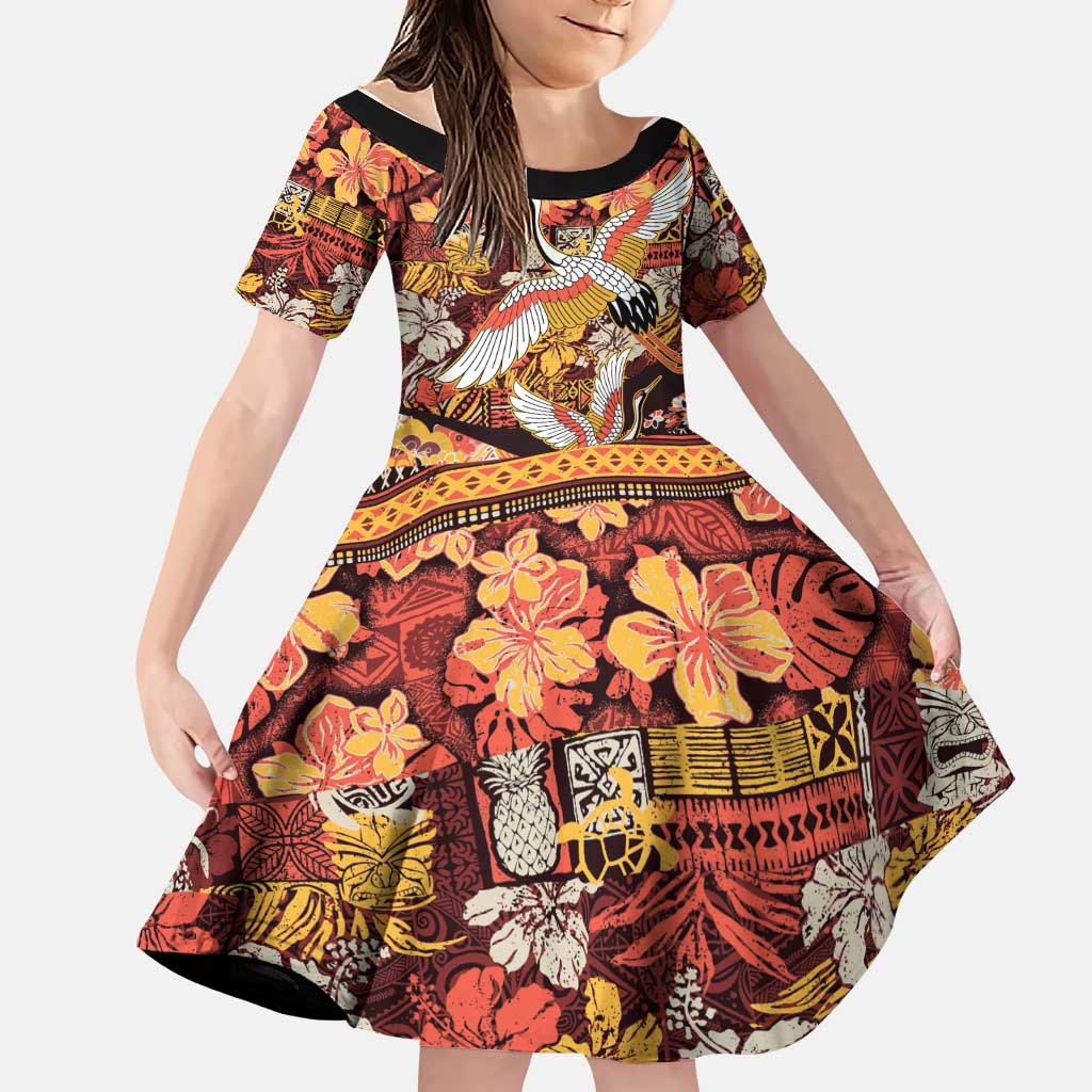 Japanese Hawaiian Crane Family Matching Off Shoulder Short Dress and Hawaiian Shirt Yellow Ochre Tapa Patchwork Pattern