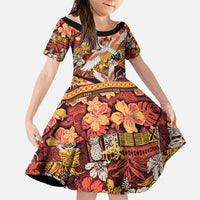 Japanese Hawaiian Crane Family Matching Off Shoulder Short Dress and Hawaiian Shirt Yellow Ochre Tapa Patchwork Pattern