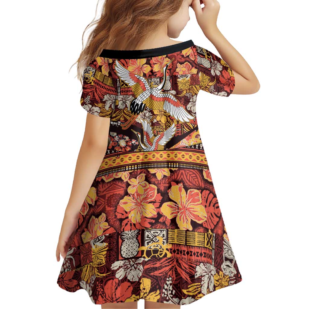 Japanese Hawaiian Crane Family Matching Off Shoulder Short Dress and Hawaiian Shirt Yellow Ochre Tapa Patchwork Pattern