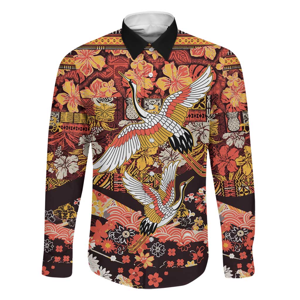 Japanese Hawaiian Crane Family Matching Off Shoulder Short Dress and Hawaiian Shirt Yellow Ochre Tapa Patchwork Pattern