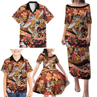 Japanese Hawaiian Crane Family Matching Puletasi and Hawaiian Shirt Yellow Ochre Tapa Patchwork Pattern