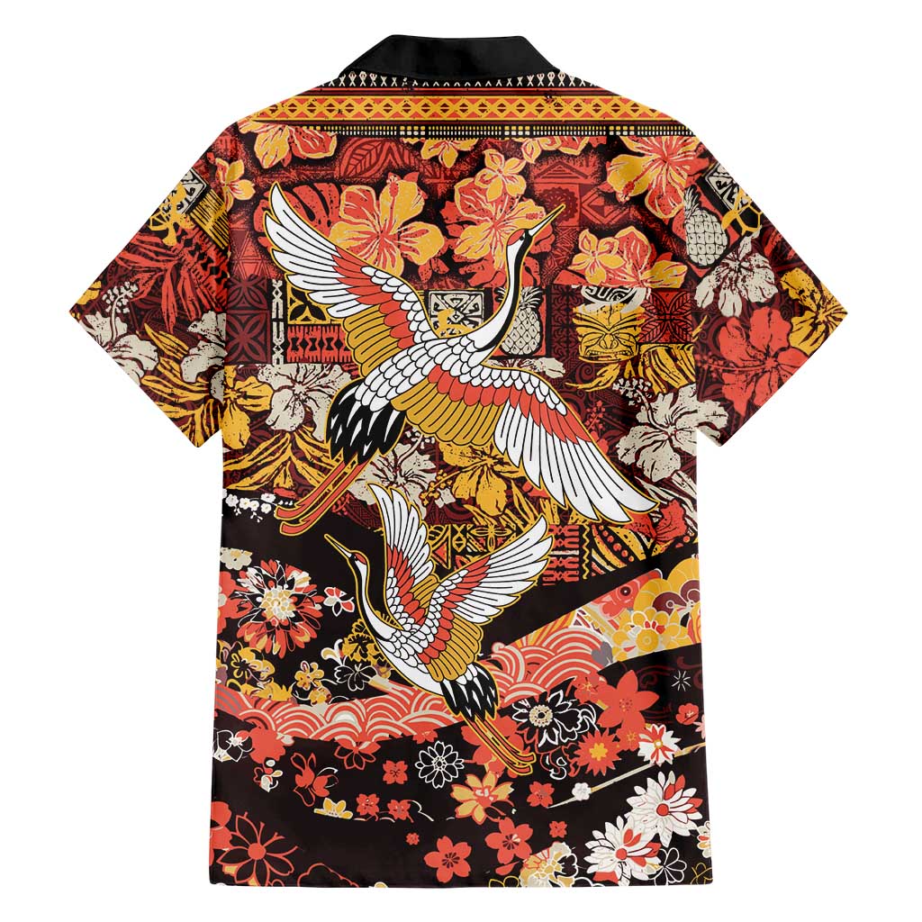 Japanese Hawaiian Crane Family Matching Puletasi and Hawaiian Shirt Yellow Ochre Tapa Patchwork Pattern