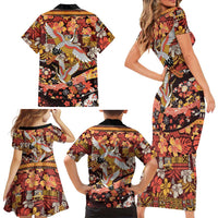 Japanese Hawaiian Crane Family Matching Short Sleeve Bodycon Dress and Hawaiian Shirt Yellow Ochre Tapa Patchwork Pattern