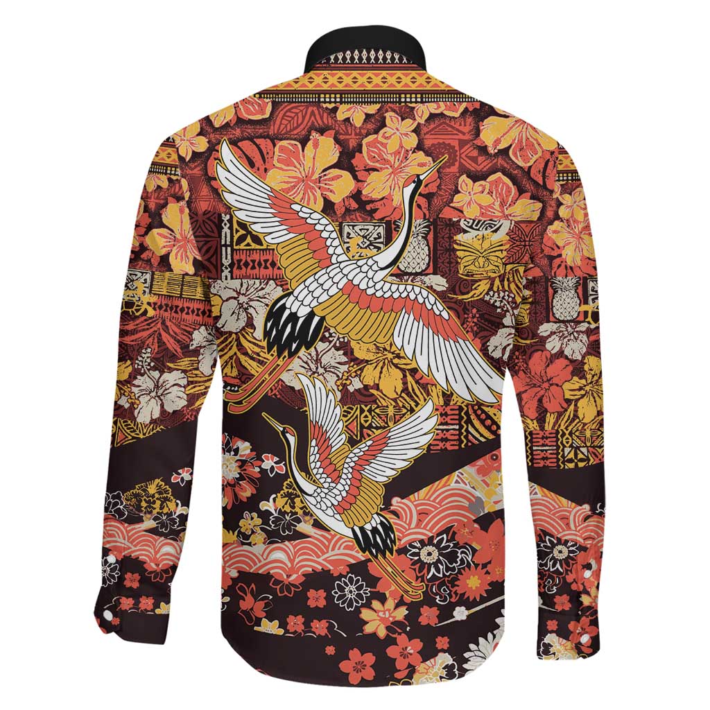 Japanese Hawaiian Crane Family Matching Short Sleeve Bodycon Dress and Hawaiian Shirt Yellow Ochre Tapa Patchwork Pattern