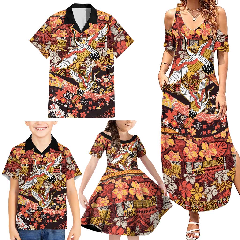 Japanese Hawaiian Crane Family Matching Summer Maxi Dress and Hawaiian Shirt Yellow Ochre Tapa Patchwork Pattern