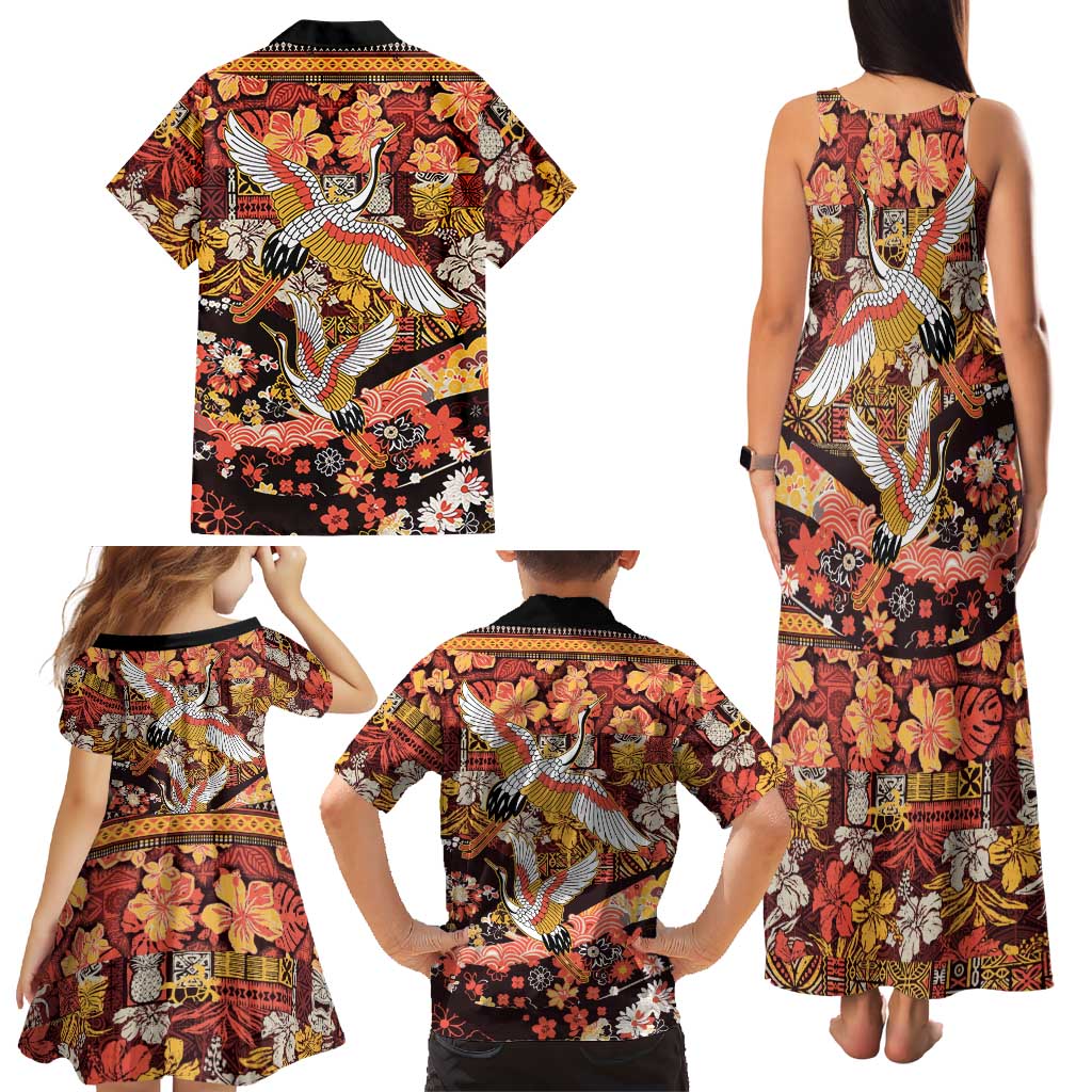Japanese Hawaiian Crane Family Matching Tank Maxi Dress and Hawaiian Shirt Yellow Ochre Tapa Patchwork Pattern