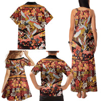 Japanese Hawaiian Crane Family Matching Tank Maxi Dress and Hawaiian Shirt Yellow Ochre Tapa Patchwork Pattern