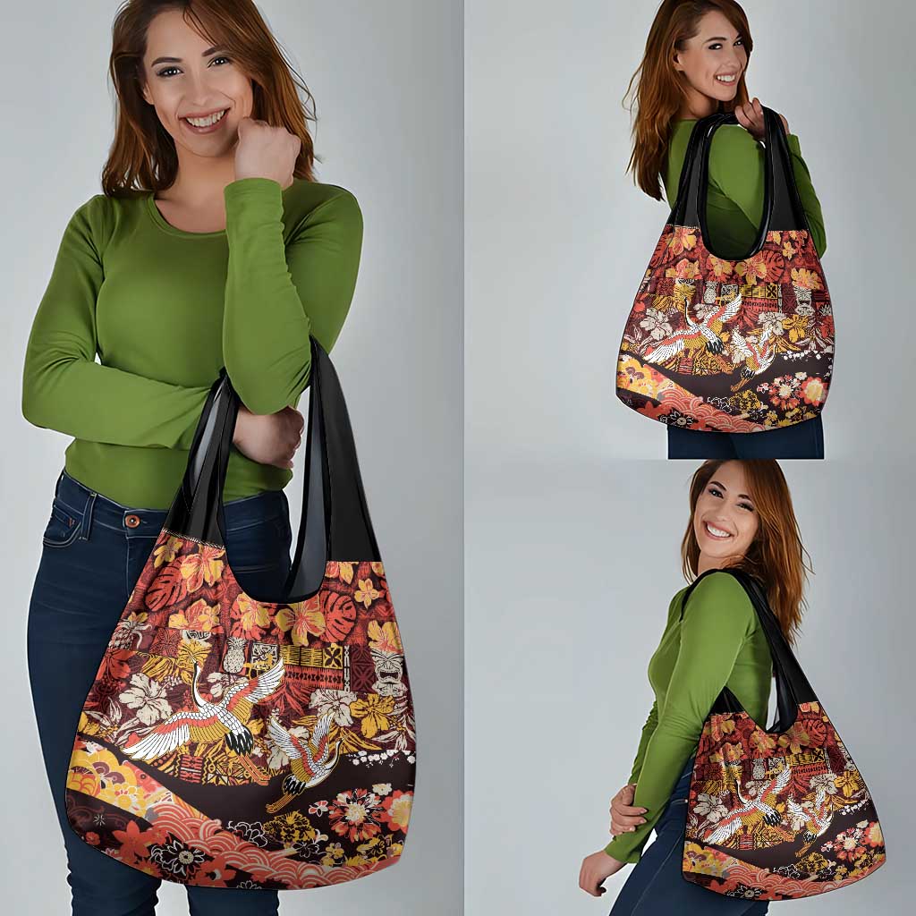 Japanese Hawaiian Crane Grocery Bag Yellow Ochre Tapa Patchwork Pattern