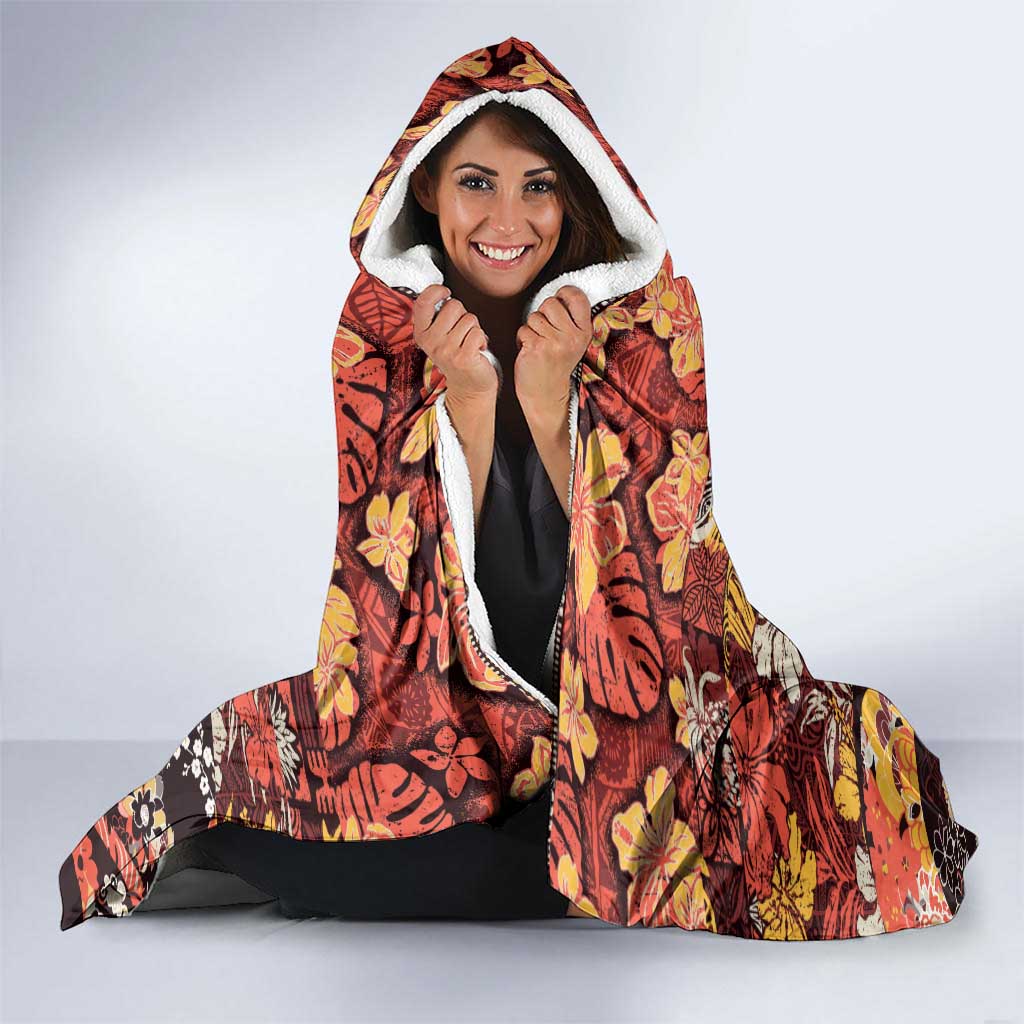 Japanese Hawaiian Crane Hooded Blanket Yellow Ochre Tapa Patchwork Pattern