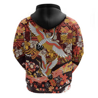 Japanese Hawaiian Crane Hoodie Yellow Ochre Tapa Patchwork Pattern