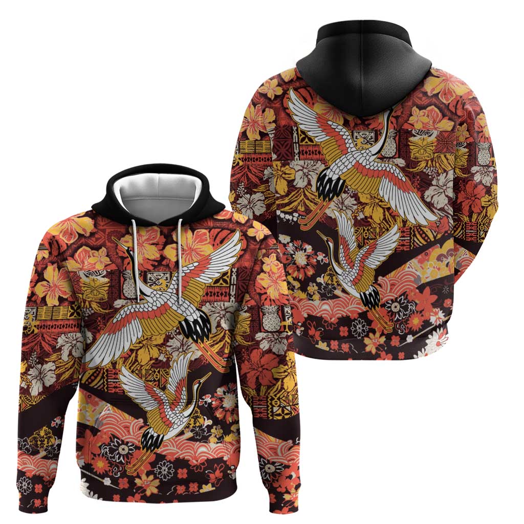 Japanese Hawaiian Crane Hoodie Yellow Ochre Tapa Patchwork Pattern