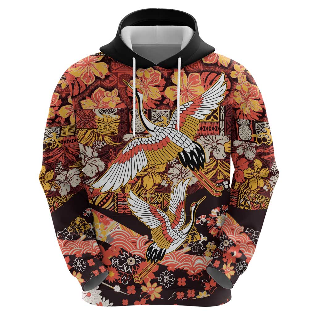 Japanese Hawaiian Crane Hoodie Yellow Ochre Tapa Patchwork Pattern