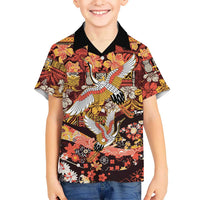 Japanese Hawaiian Crane Kid Hawaiian Shirt Yellow Ochre Tapa Patchwork Pattern