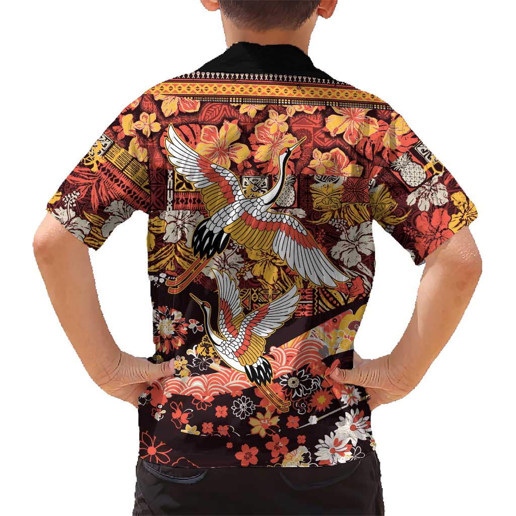 Japanese Hawaiian Crane Kid Hawaiian Shirt Yellow Ochre Tapa Patchwork Pattern