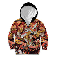 Japanese Hawaiian Crane Kid Hoodie Yellow Ochre Tapa Patchwork Pattern