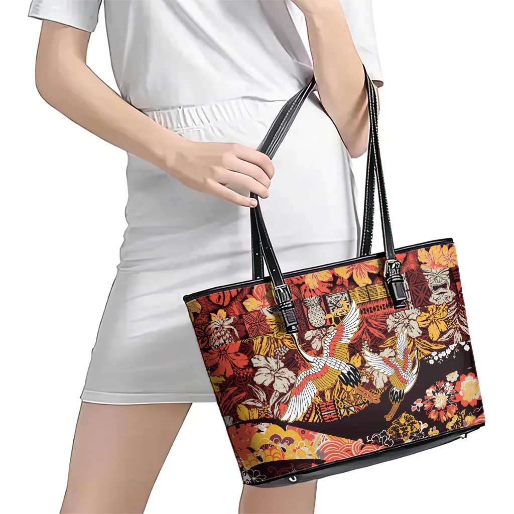 Japanese Hawaiian Crane Leather Tote Bag Yellow Ochre Tapa Patchwork Pattern