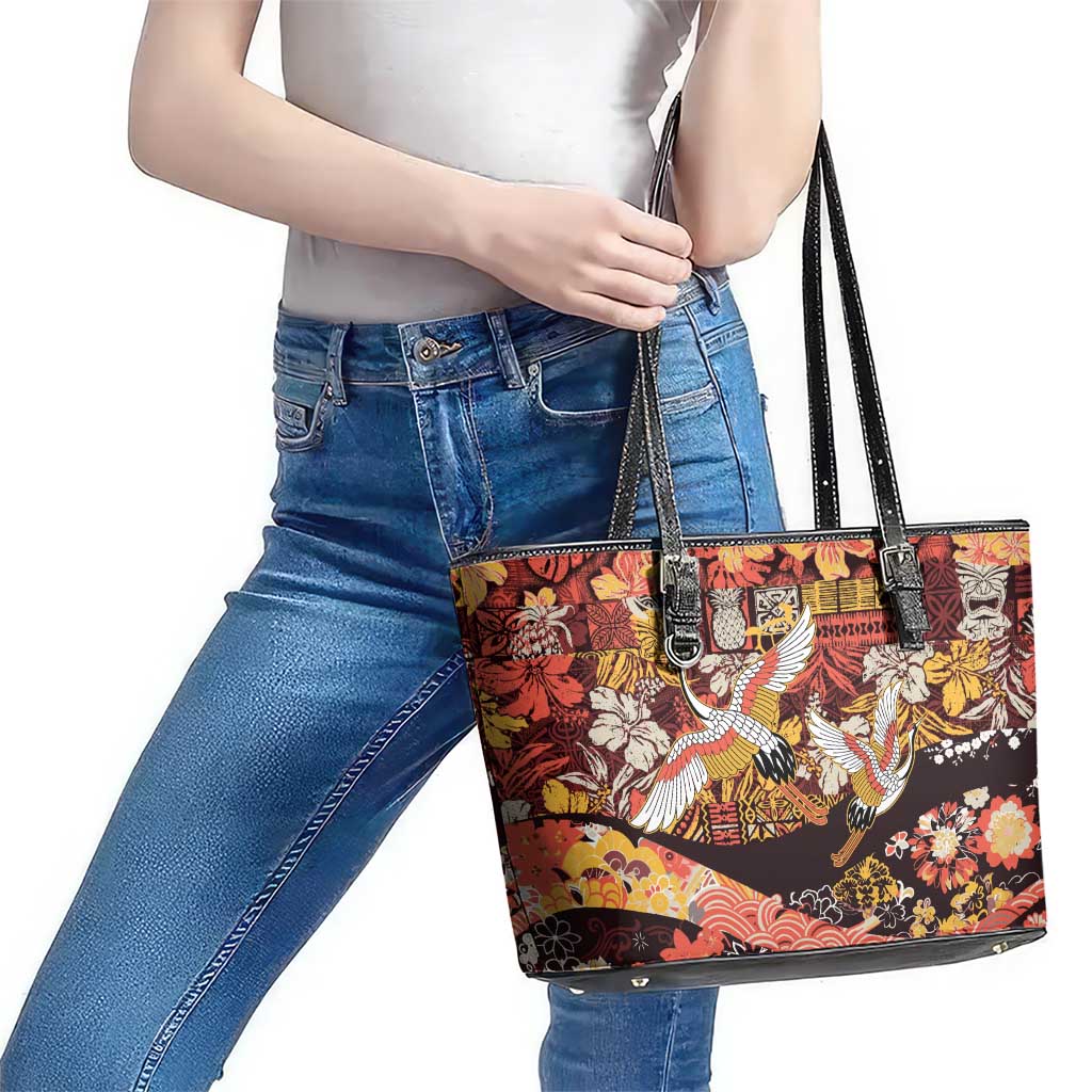 Japanese Hawaiian Crane Leather Tote Bag Yellow Ochre Tapa Patchwork Pattern