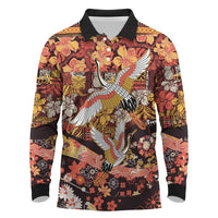 Japanese Hawaiian Crane Long Sleeve Polo Shirt Yellow Ochre Tapa Patchwork Pattern