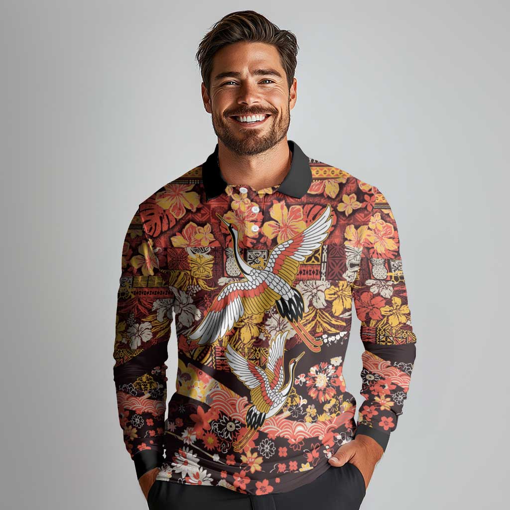 Japanese Hawaiian Crane Long Sleeve Polo Shirt Yellow Ochre Tapa Patchwork Pattern
