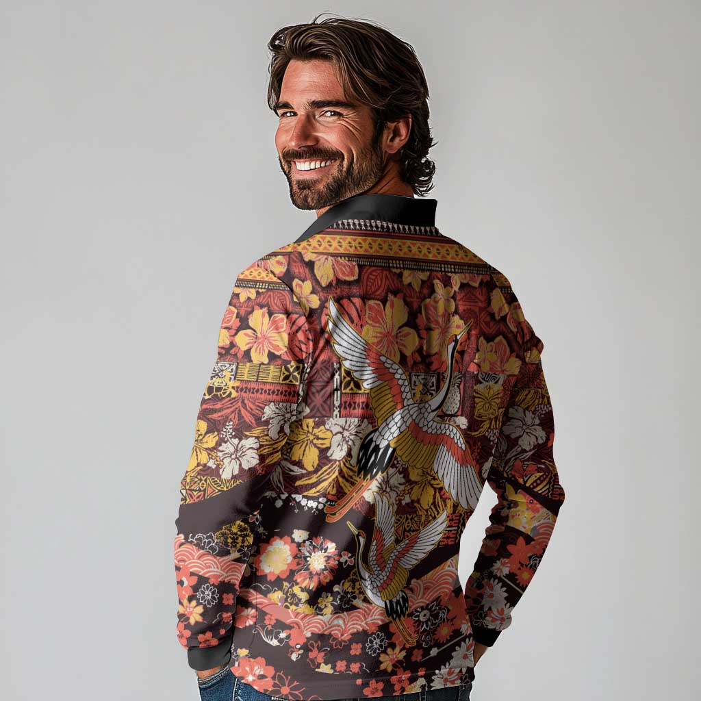 Japanese Hawaiian Crane Long Sleeve Polo Shirt Yellow Ochre Tapa Patchwork Pattern
