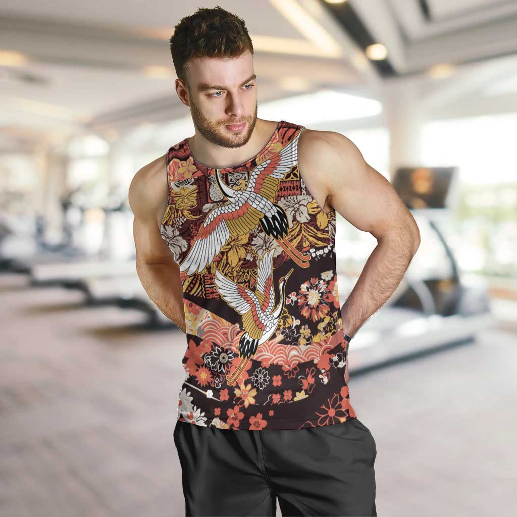 Japanese Hawaiian Crane Men Tank Top Yellow Ochre Tapa Patchwork Pattern