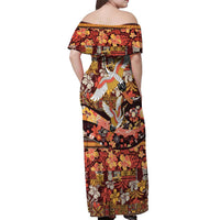 Japanese Hawaiian Crane Off Shoulder Maxi Dress Yellow Ochre Tapa Patchwork Pattern