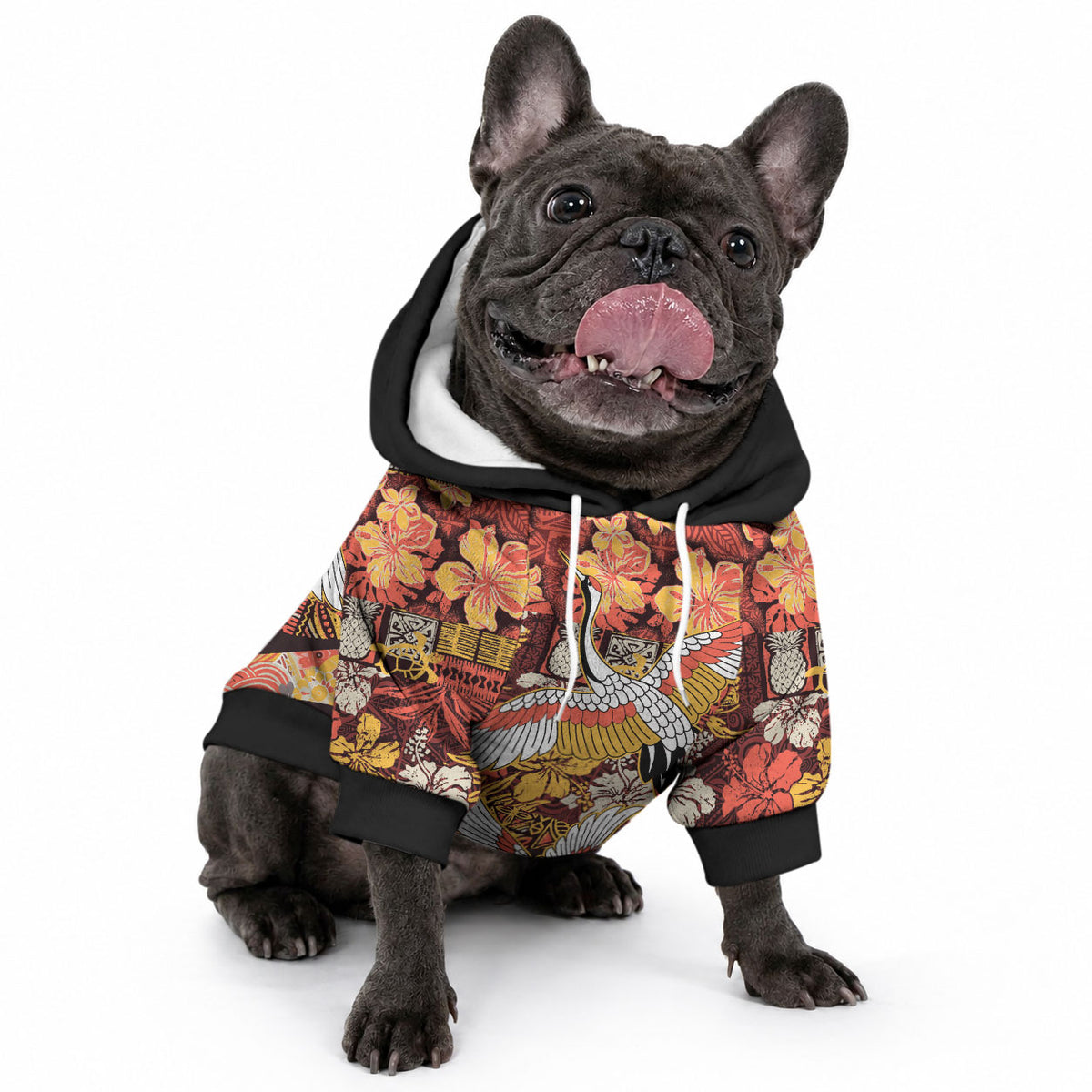 Japanese Hawaiian Crane Pet Hoodie Yellow Ochre Tapa Patchwork Pattern LT9 - Polynesian Pride