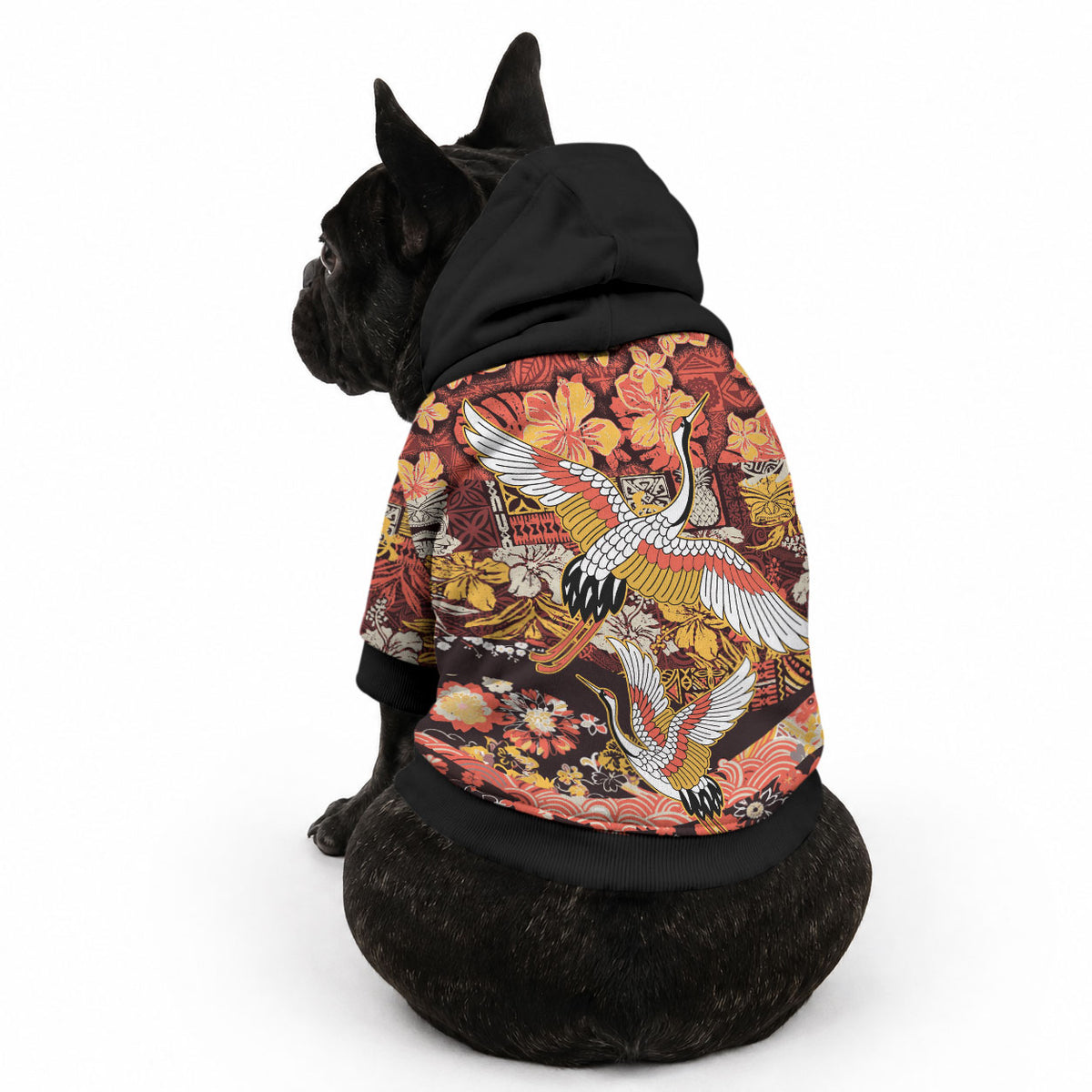 Japanese Hawaiian Crane Pet Hoodie Yellow Ochre Tapa Patchwork Pattern LT9 - Polynesian Pride