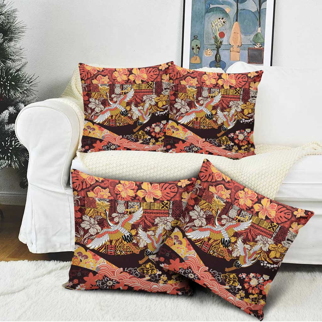 Japanese Hawaiian Crane Pillow Cover Yellow Ochre Tapa Patchwork Pattern