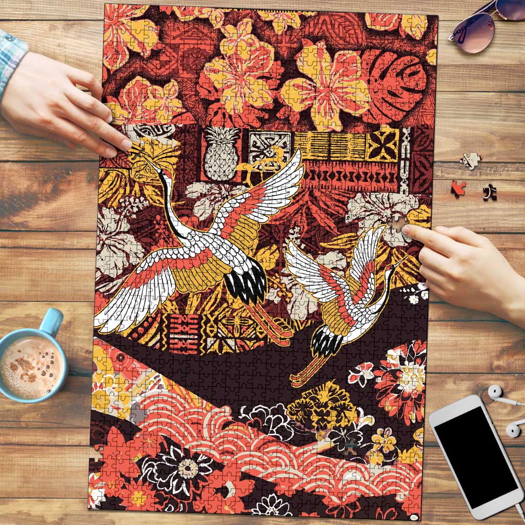 Japanese Hawaiian Crane Puzzle Yellow Ochre Tapa Patchwork Pattern