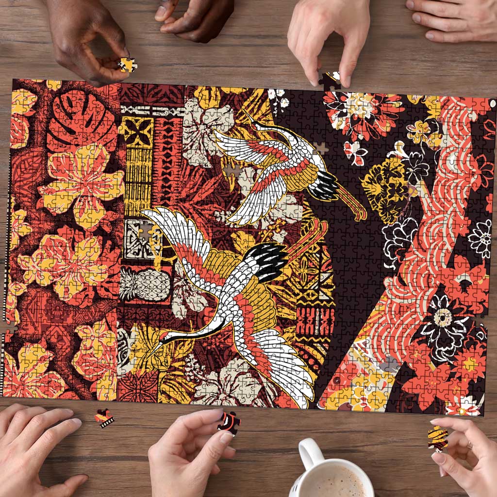 Japanese Hawaiian Crane Puzzle Yellow Ochre Tapa Patchwork Pattern
