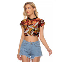 Japanese Hawaiian Crane Raglan Cropped T Shirt Yellow Ochre Tapa Patchwork Pattern