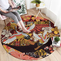Japanese Hawaiian Crane Round Carpet Yellow Ochre Tapa Patchwork Pattern