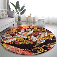 Japanese Hawaiian Crane Round Carpet Yellow Ochre Tapa Patchwork Pattern