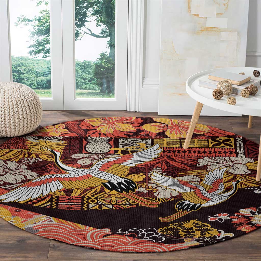 Japanese Hawaiian Crane Round Carpet Yellow Ochre Tapa Patchwork Pattern