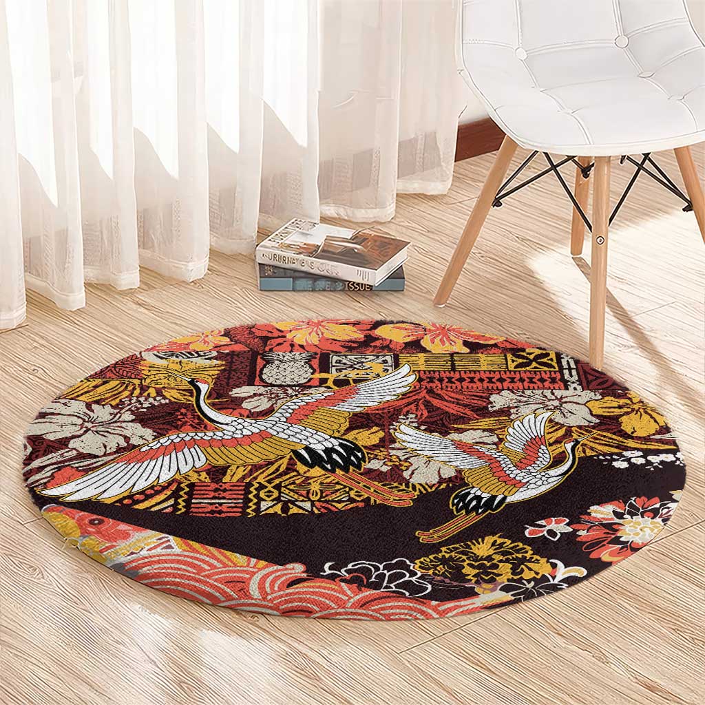 Japanese Hawaiian Crane Round Carpet Yellow Ochre Tapa Patchwork Pattern