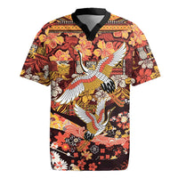 Japanese Hawaiian Crane Rugby Jersey Yellow Ochre Tapa Patchwork Pattern