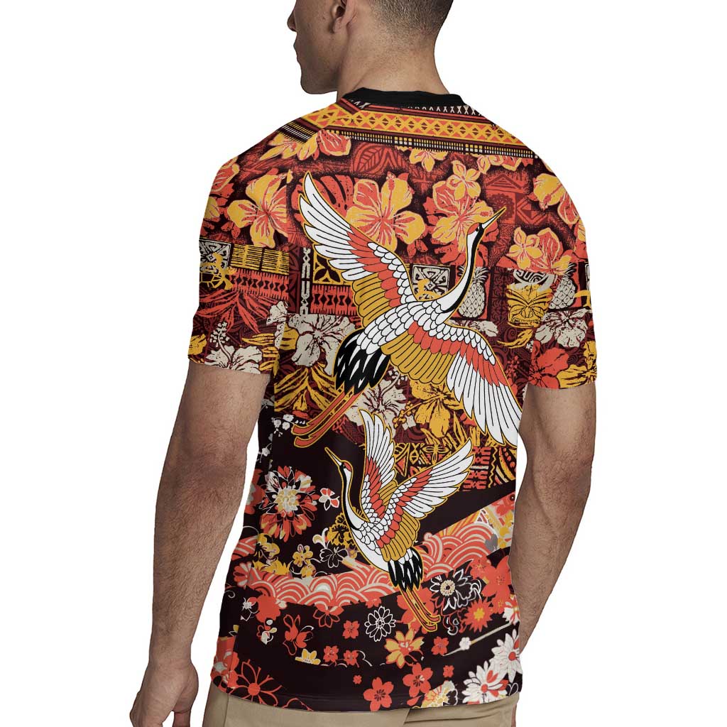 Japanese Hawaiian Crane Rugby Jersey Yellow Ochre Tapa Patchwork Pattern