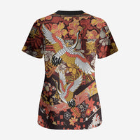 Japanese Hawaiian Crane Scrub Top Yellow Ochre Tapa Patchwork Pattern