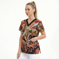 Japanese Hawaiian Crane Scrub Top Yellow Ochre Tapa Patchwork Pattern