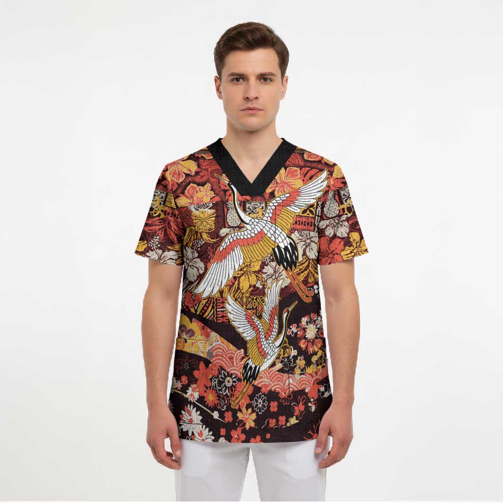 Japanese Hawaiian Crane Scrub Top Yellow Ochre Tapa Patchwork Pattern