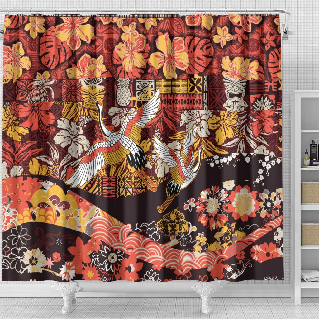 Japanese Hawaiian Crane Shower Curtain Yellow Ochre Tapa Patchwork Pattern