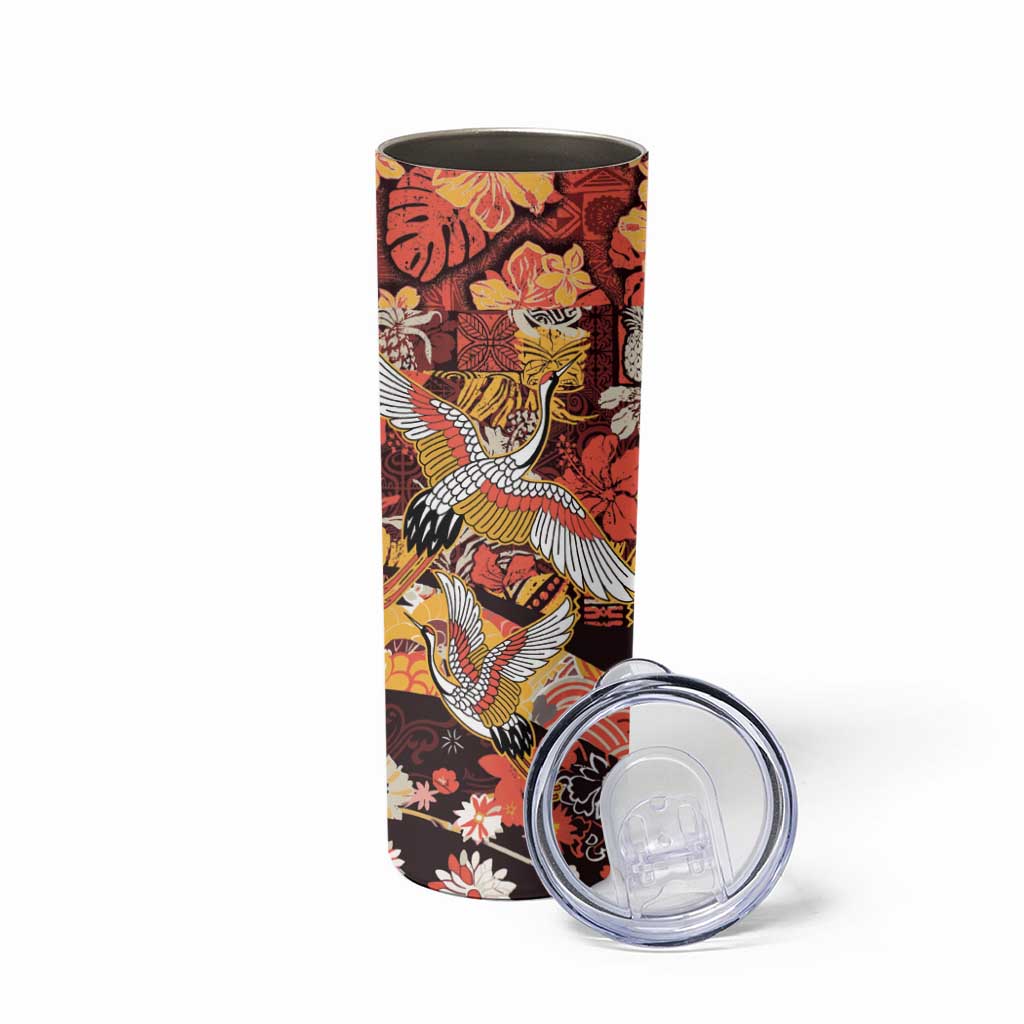 Japanese Hawaiian Crane Skinny Tumbler Yellow Ochre Tapa Patchwork Pattern