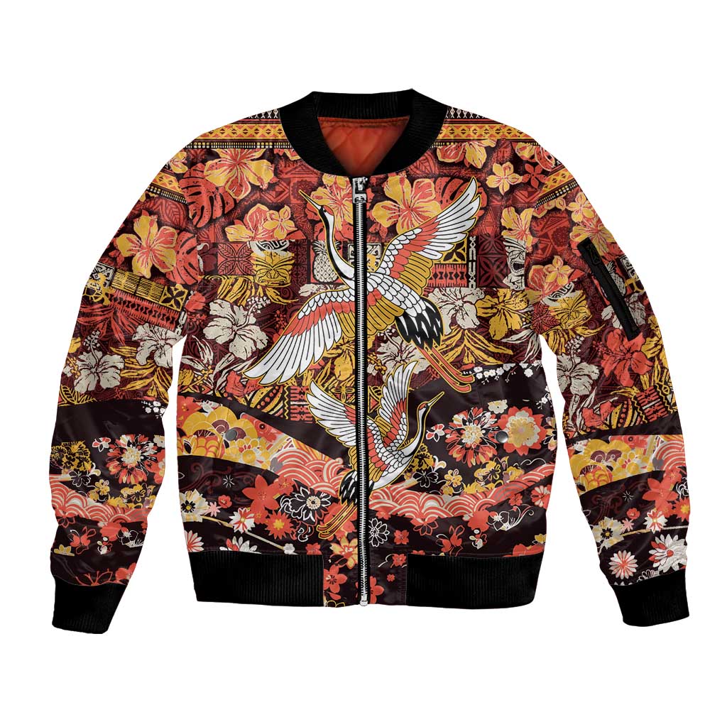 Japanese Hawaiian Crane Sleeve Zip Bomber Jacket Yellow Ochre Tapa Patchwork Pattern