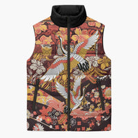 Japanese Hawaiian Crane Sleeveless Puffer Jacket Yellow Ochre Tapa Patchwork Pattern