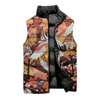 Japanese Hawaiian Crane Sleeveless Puffer Jacket Yellow Ochre Tapa Patchwork Pattern